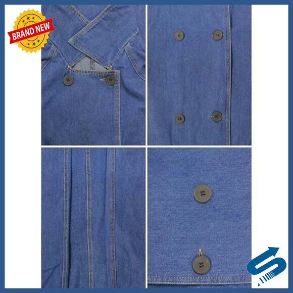 Vintage Notched Collar Double Breasted Denim Jacket Trench Coat with Belt - Picture 6 of 8